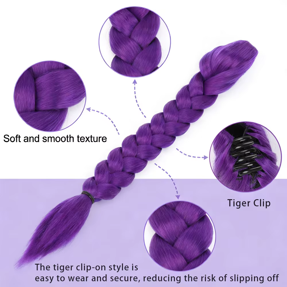 Perruque queue de cheval synthétique tressée violette avec pince crabe pour enfants