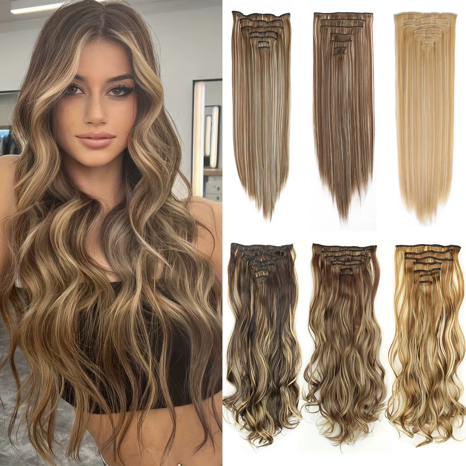 7 pièces/ensemble 16 Clips Extension de cheveux noir longue droite