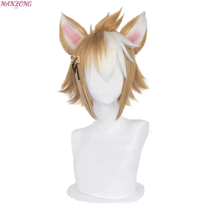 Perruque de Cosplay Gorou Genshin Impact, Cheveux Synthétiques Courts, Marron et Blanc avec Oreilles, Degré de Chaleur, Jeu d'Halloween