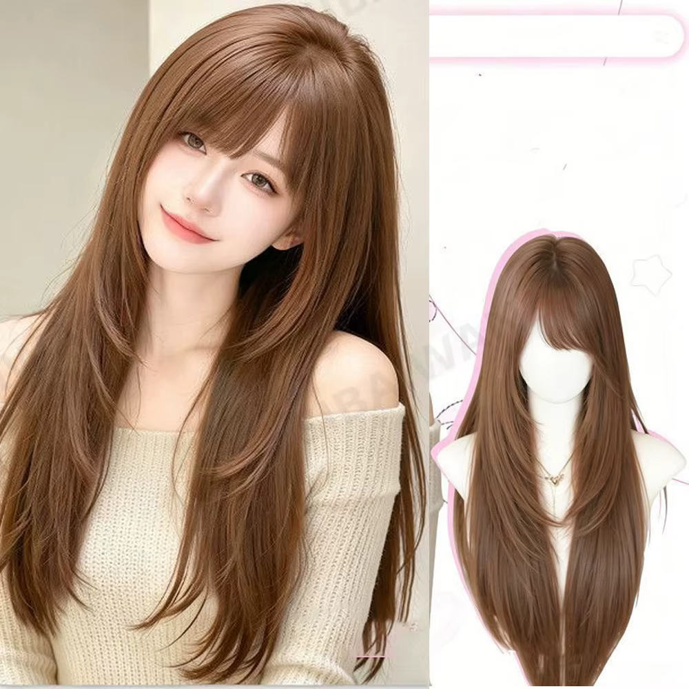 Perruques synthétiques longues et droites pour femmes, couleur brun champagne clair, pour usage quotidien, cosplay, fête, avec frange, résistantes à la chaleur