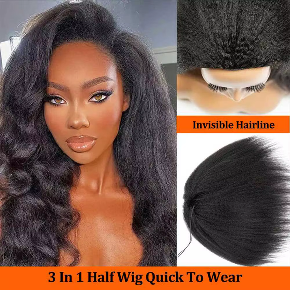 Demi-perruque droite crépue cheveux humains sans colle perruque