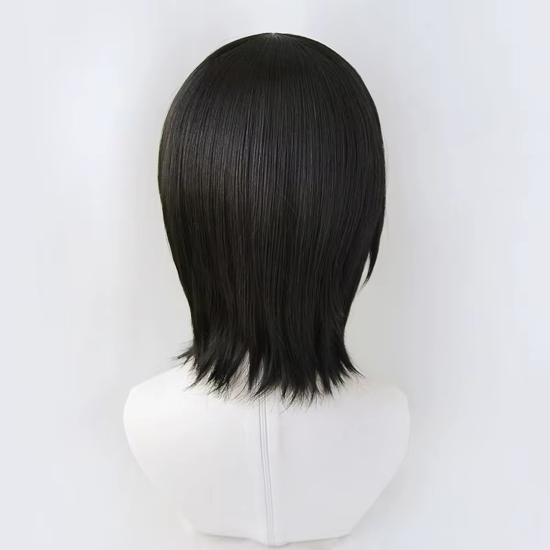 Perruque de Cosplay synthétique noire courte avec bonnet