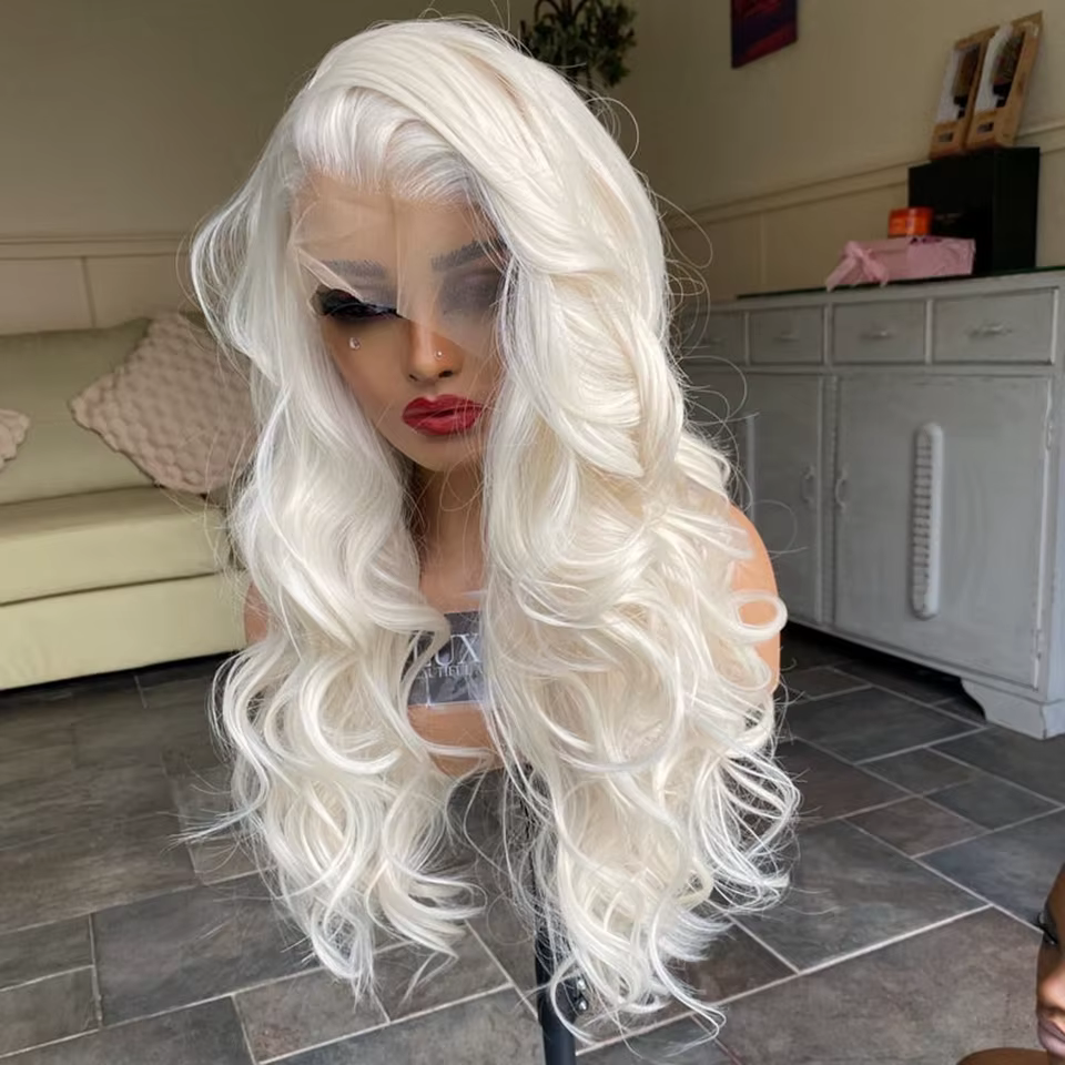 Perruque Lace Front Wig Synthétique Sans Colle Blond Platine