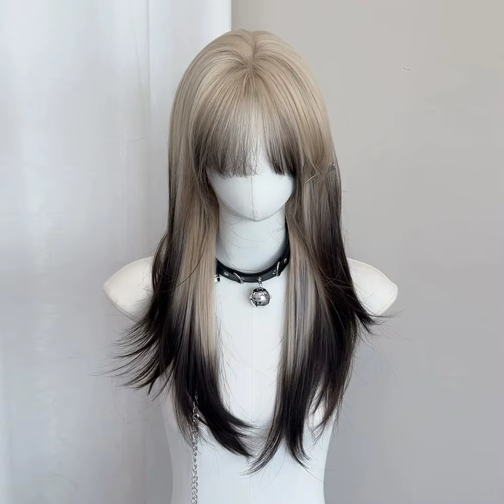 Perruque synthétique superposée noire Blonde ombrée pour Cosplay Lolita