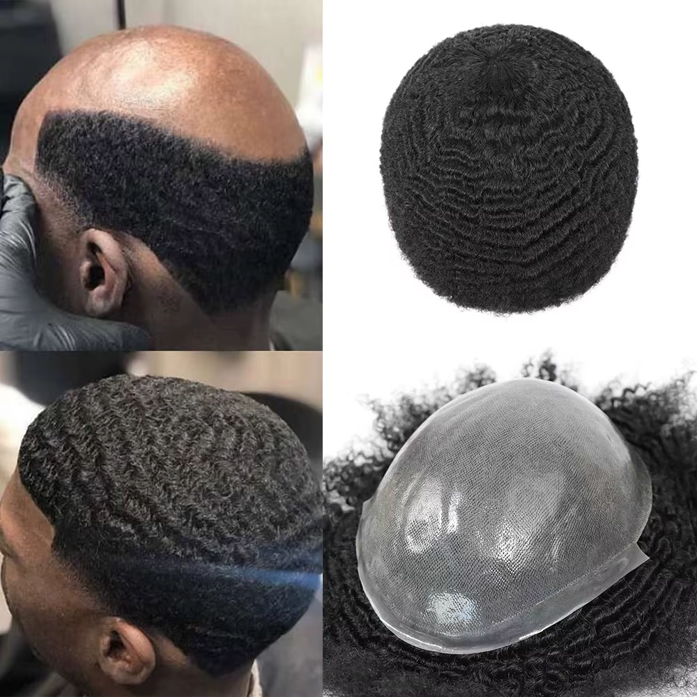 Afro toupet pour hommes peau mince système de remplacement de cheveux humains