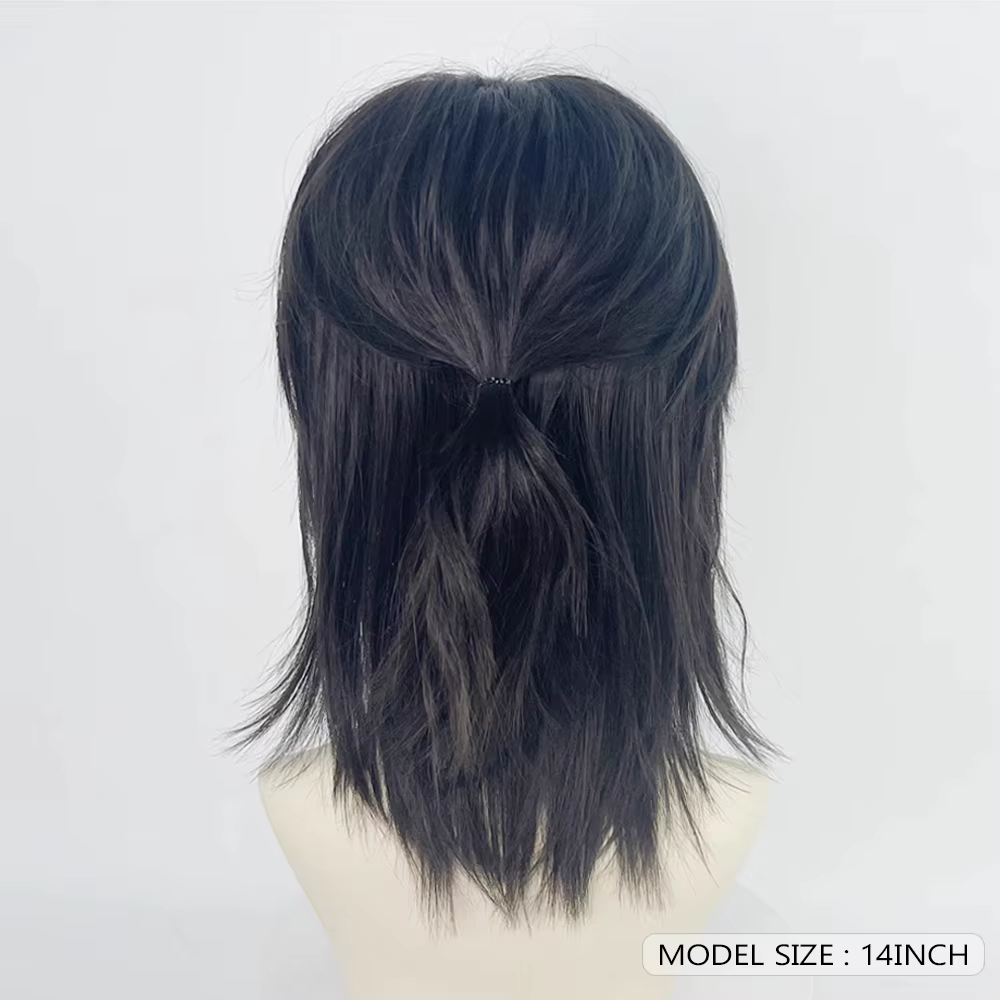 Perruque synthétique courte et lisse noire avec frange pour hommes