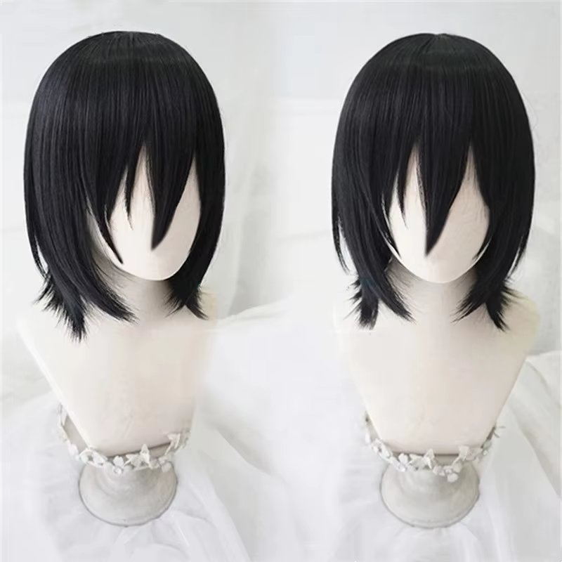 Perruque de Cosplay synthétique noire courte avec bonnet