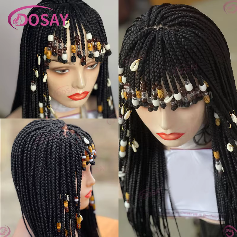 Perruque Synthétique Tressée avec Frange pour Femme Noire