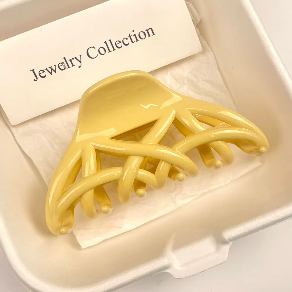 Nouvelle pince à cheveux jaune grande taille avec fleurs bleues