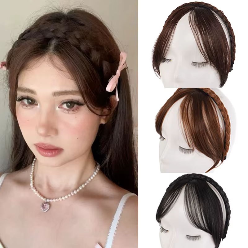 Bandeau tressé synthétique avec frange de cheveux