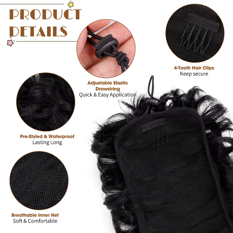 Chignon synthétique désordonné avec élastique et cordon de serrage