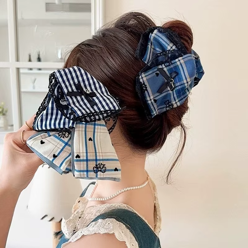 Pince à cheveux avec nœud à carreaux pour femmes