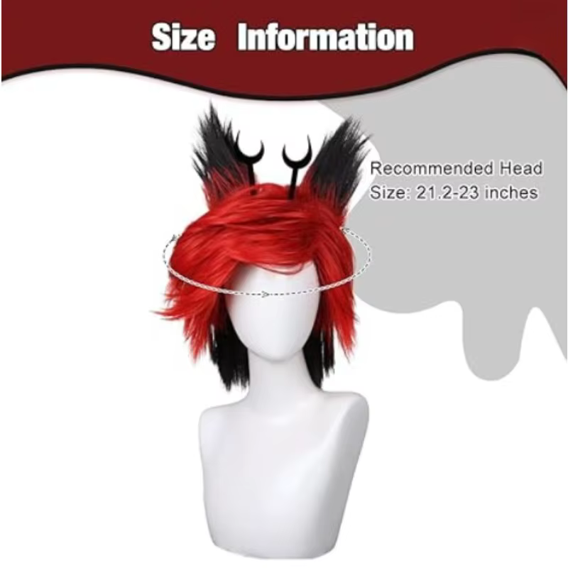 Perruque noire et rouge avec clips de cornes et oreilles détachables pour cosplay
