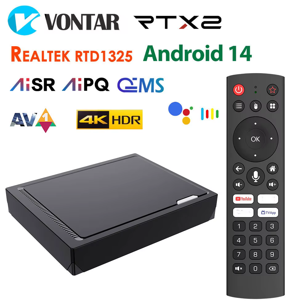 Boîtier TV Android 14 RT-X2 4 Go 32 Go 64 Go avec Realtek1325, prise en charge AI-PQ AI-SR, Wi-Fi 5 1000M 2T2R, lecteur multimédia BT, décodeur