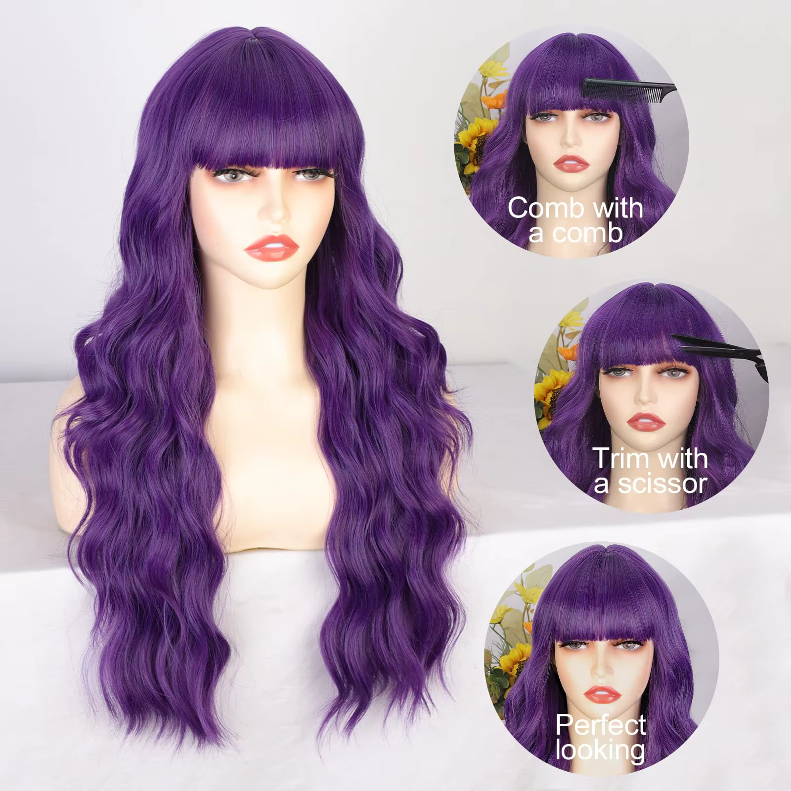 Perruque synthétique violette de 26 pouces avec de grandes vagues pour Halloween