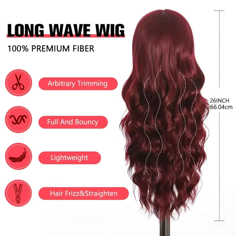Perruque synthétique couleur vin rouge avec cheveux longs bouclés et frange pour un usage quotidien en fête. Fabriqué en fibre capillaire haute température.
