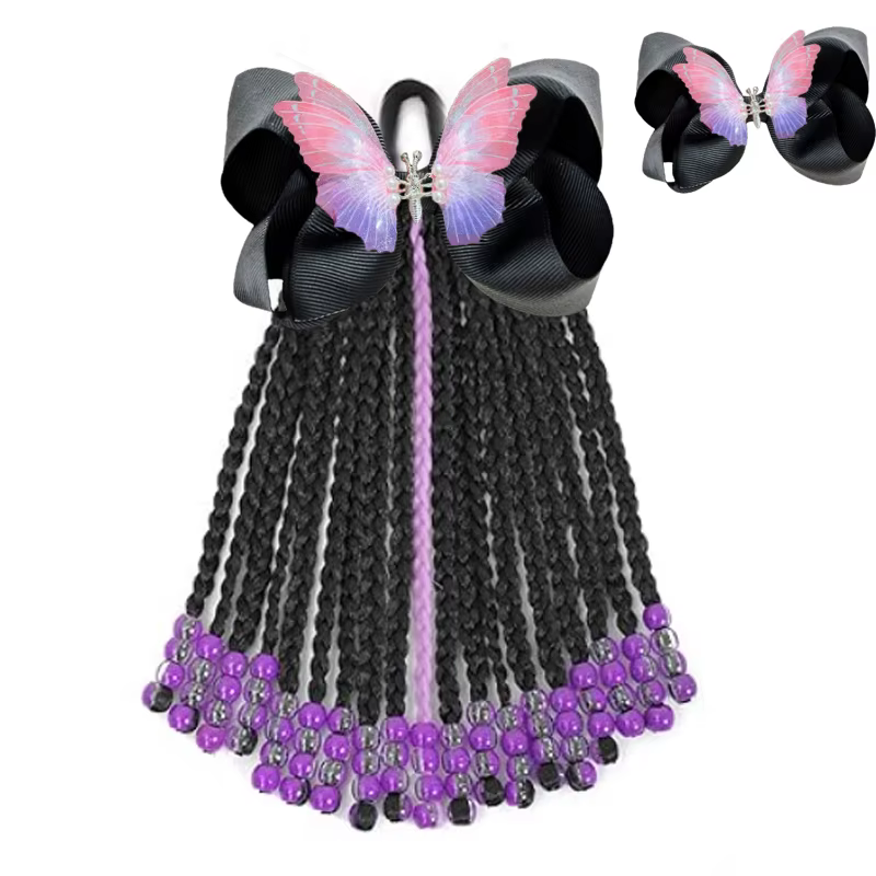 Extension de queue de cheval pour enfants avec perles - Extensions de cheveux de tresses en boîte de 19 brins avec clips à nœud - Coiffure de protection de 9 pouces pour filles