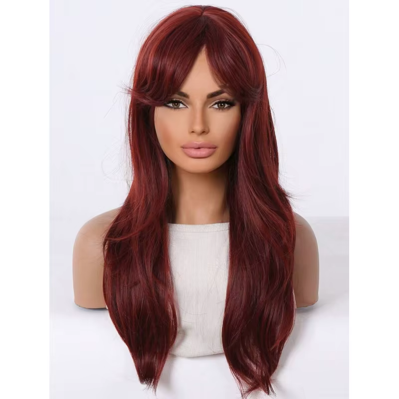 24" Wine Red Long Layered Synthetic Wig With Curtain Bangs