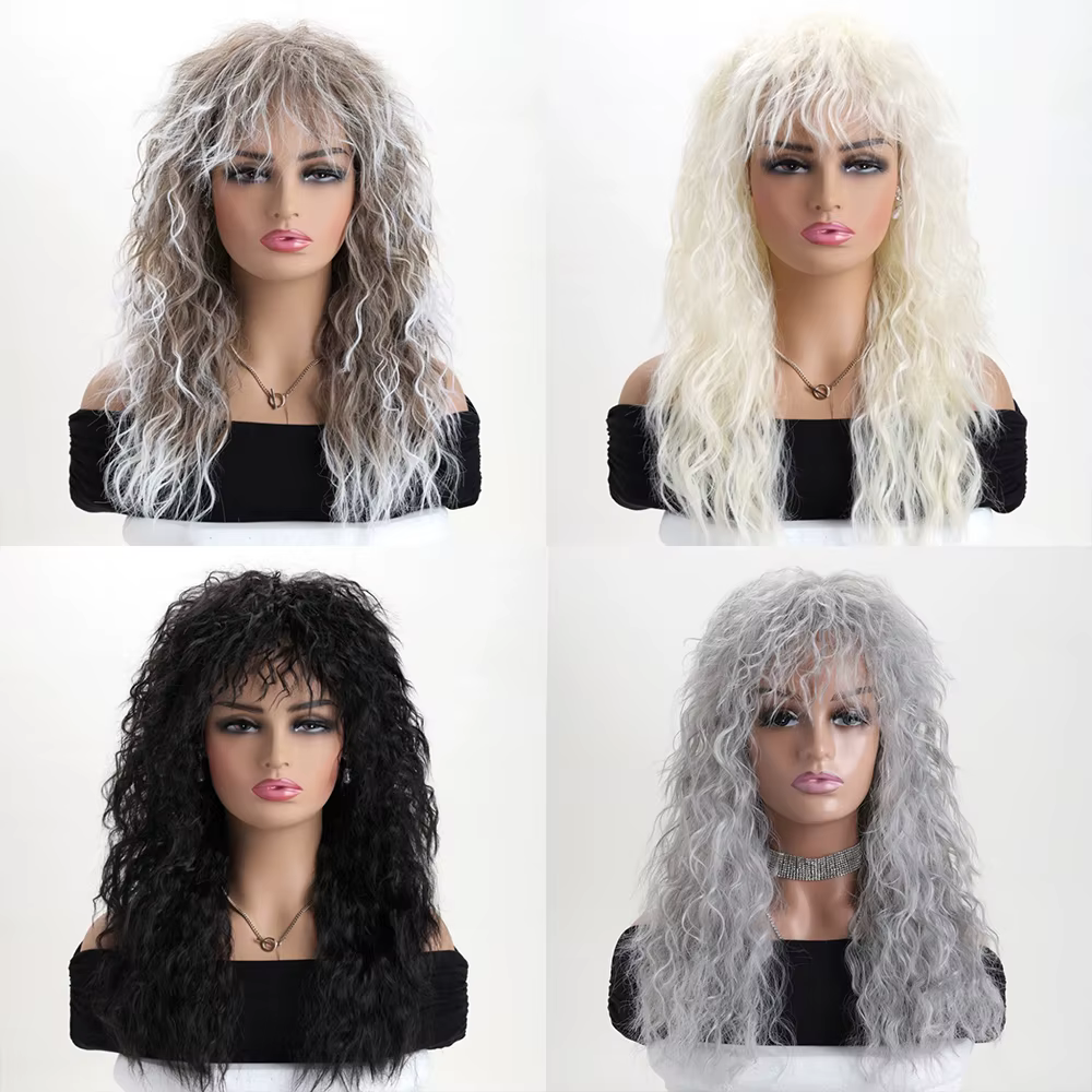 Perruque synthétique longue bouclée Style années 70 et 80 pour femmes