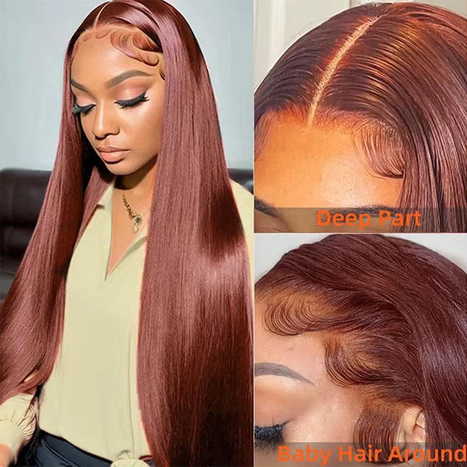 Perruque Lace Frontal Wig brésilienne naturelle, cheveux lisses, brun rougeâtre, 13x4, sans colle, HD, 30 34 pouces, en Promotion, pour femmes