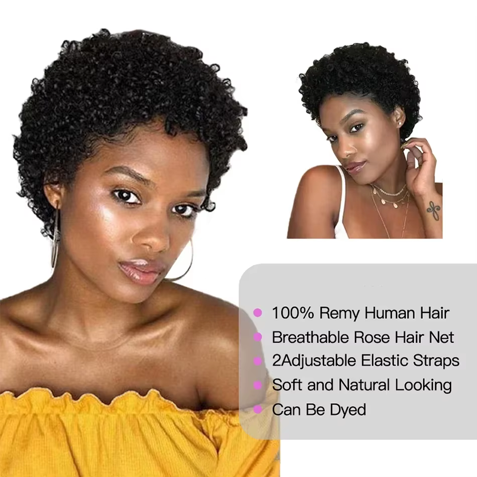 Perruques courtes afro bouclées crépues 100% cheveux humains pour femmes
