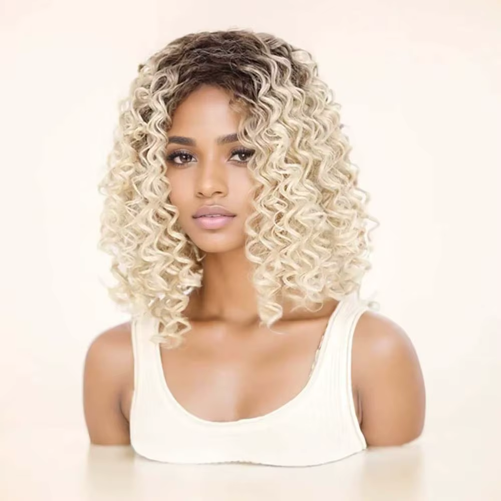 Jeedou – perruque synthétique courte bouclée pour femmes, mélange brun foncé et blond, coiffure moelleuse