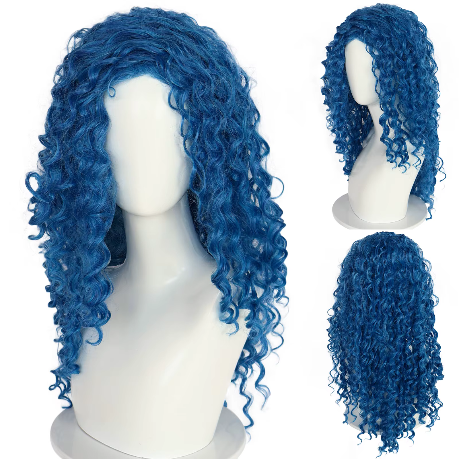 Perruque de cosplay bleue bouclée
