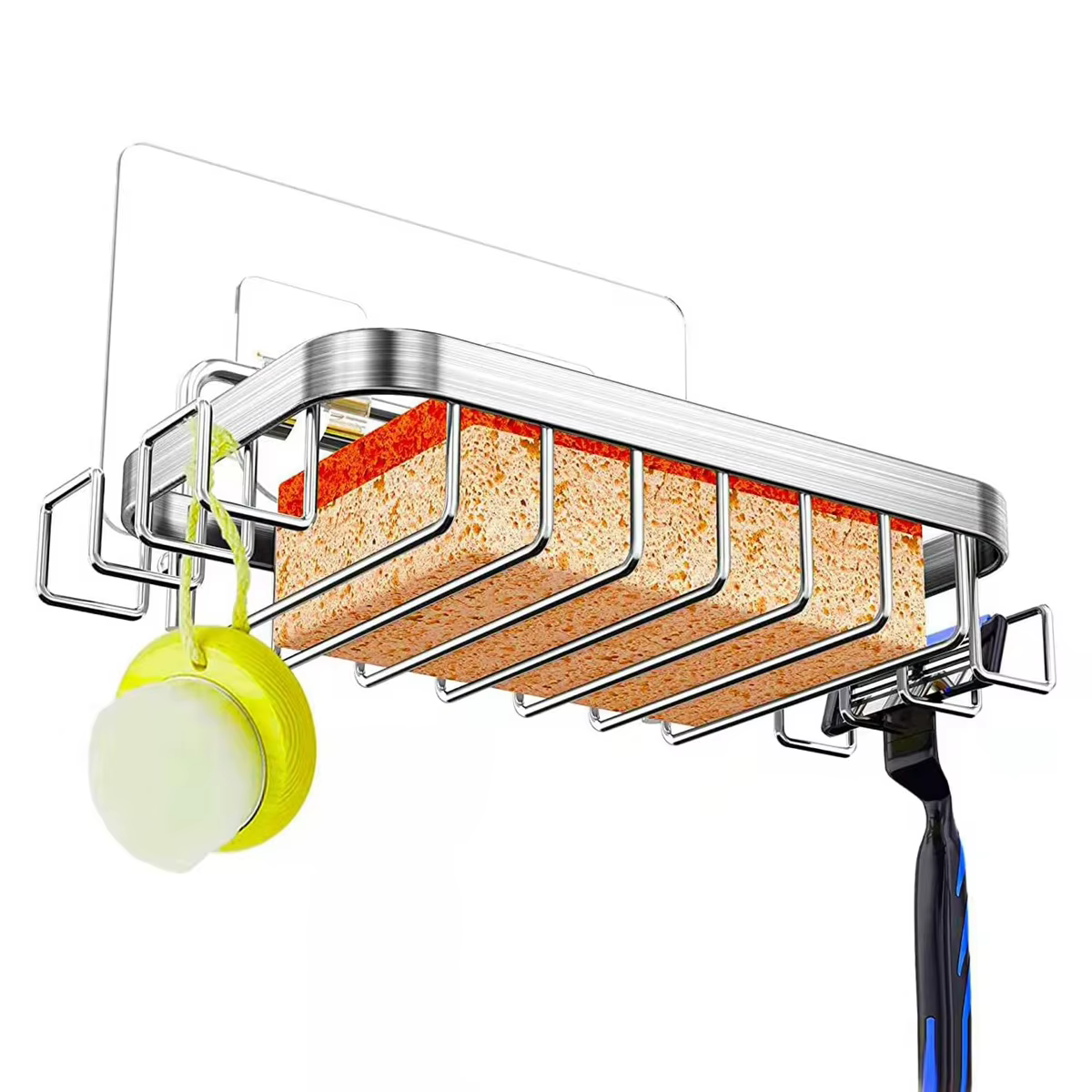 Porte savon en barre avec économiseur de savon et crochets de rasoir pour mur de douche, porte-savon adhésif mural en acier inoxydable pour salle de bain