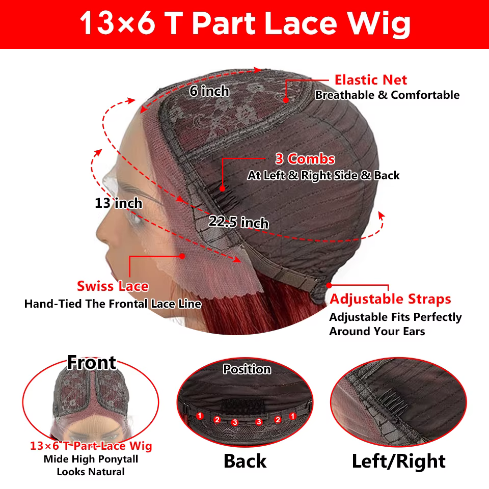 Perruque courte bob transparente HD bordeaux 99J en cheveux humains, avec mèches lisses brésiliennes, perruque frontale en dentelle 13x6x2 pré-épilée pour femmes
