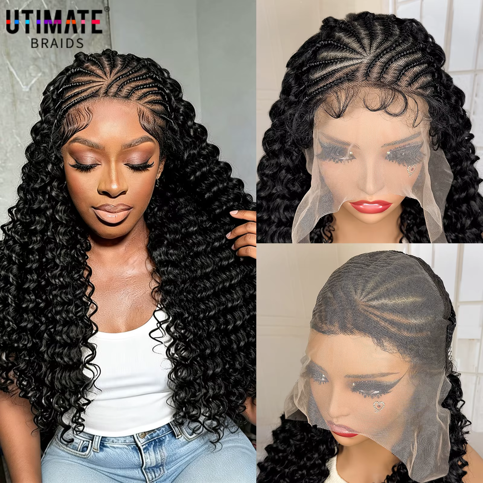 Perruque synthétique tressée en cornrows avec dentelle frontale 13x6