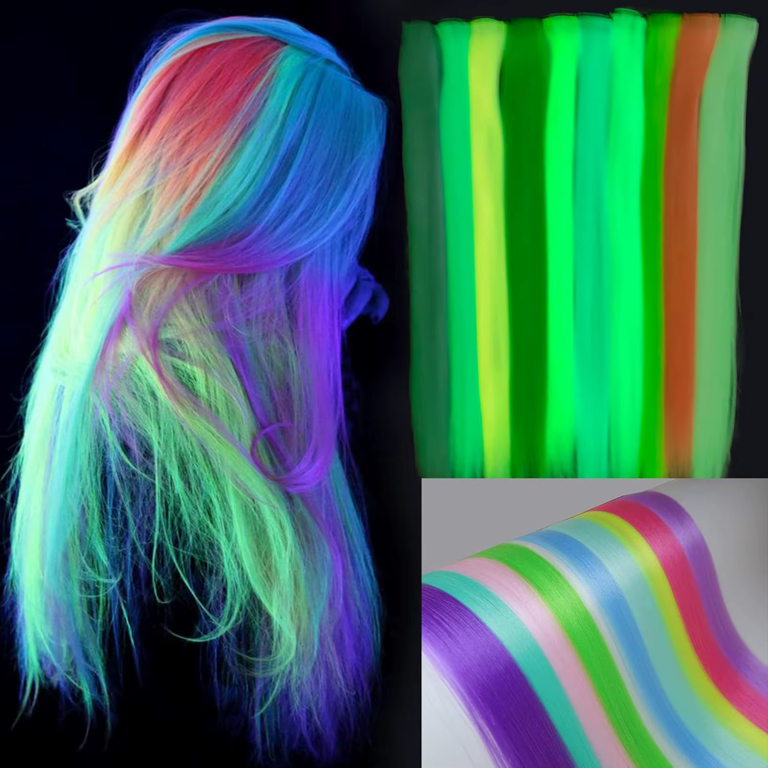 Extensions de cheveux synthétiques rose fluo qui brillent dans le noir