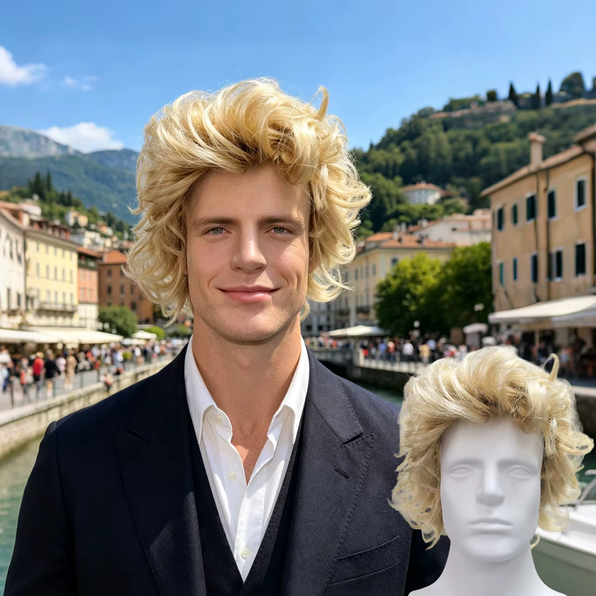Perruque synthétique courte bouclée et désordonnée blonde