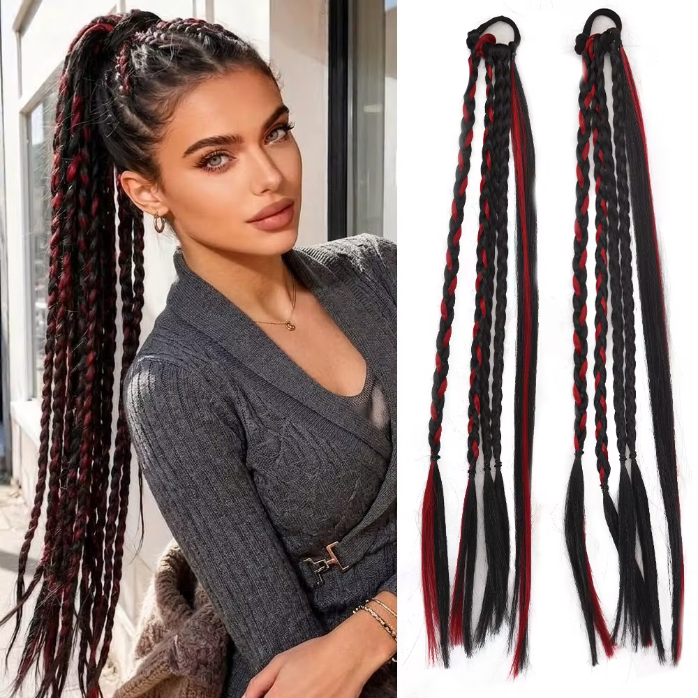 Extensions de queue de cheval tressées longues en cheveux synthétiques