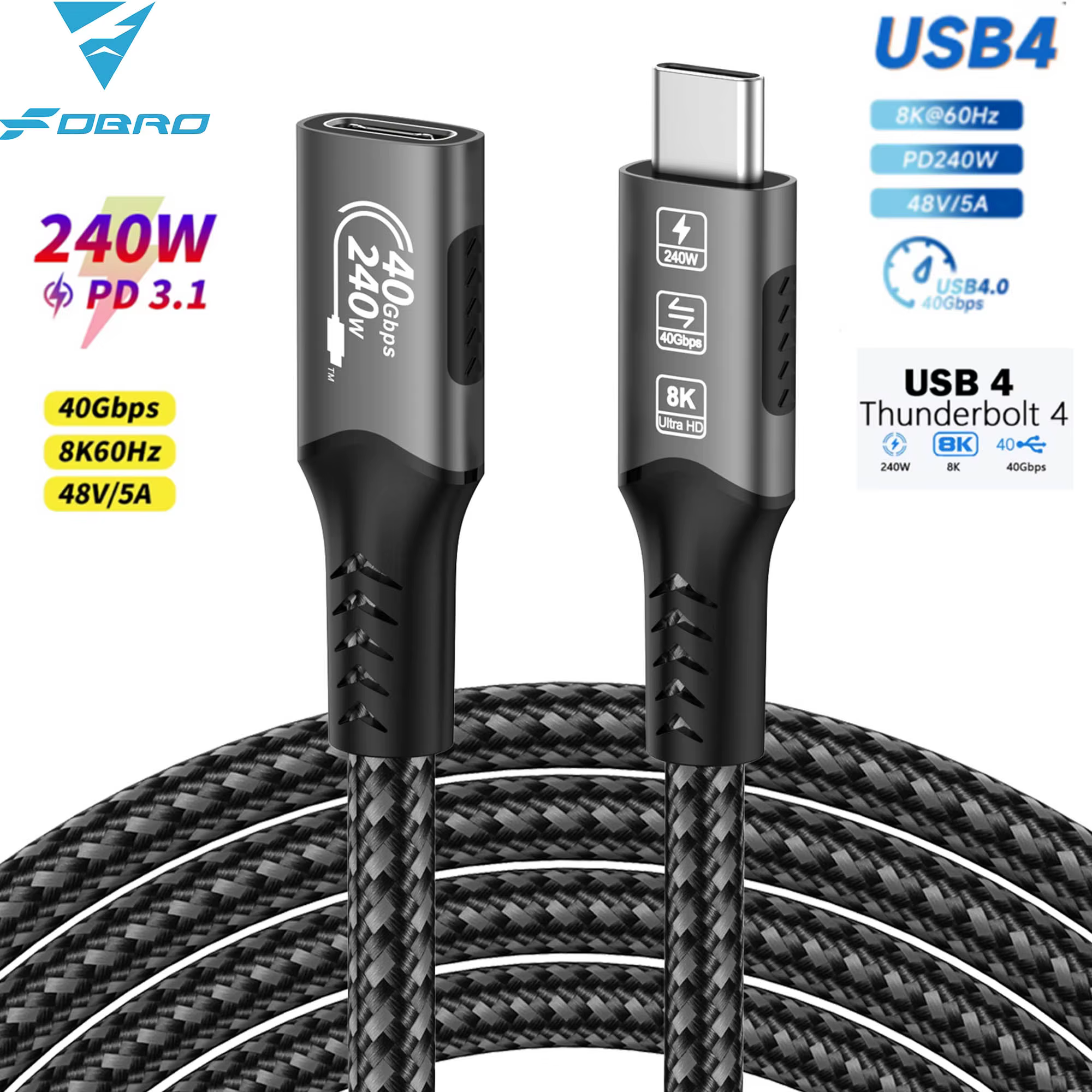 Câble d'extension USB C 4 8K, câble de charge rapide mâle à femelle, Type C UHD vidéo 40Gbps 240W PD3.1 avec Thunderbolt 4/3