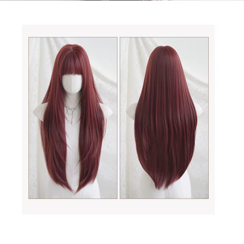 Perruque bordeaux avec frange, longue et droite, à couches, pour femme, usage quotidien, cosplay, perruque Lolita, résistante à la chaleur, avec bandeau intégré, aspect naturel