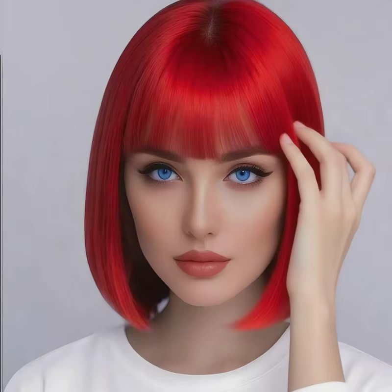 Perruque synthétique rouge de 12 pouces avec frange