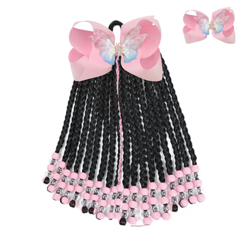 Extension de queue de cheval pour enfants avec perles - Extensions de cheveux de tresses en boîte de 19 brins avec clips à nœud - Coiffure de protection de 9 pouces pour filles