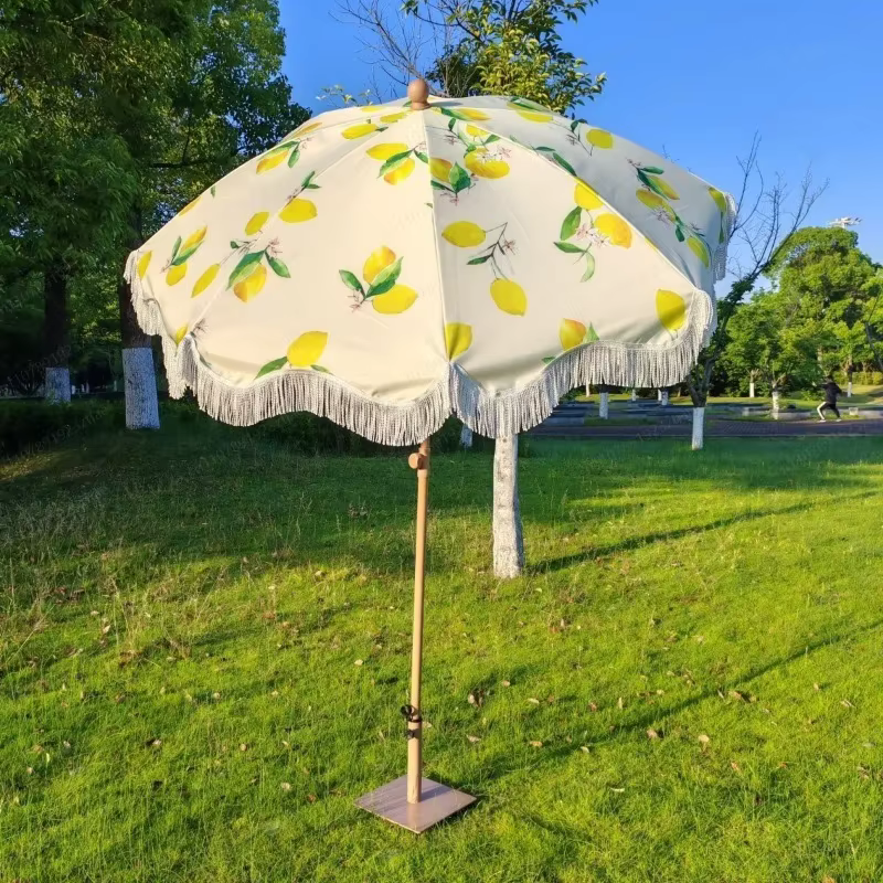 Parasol de marché avec pompon, protection solaire pour terrasse extérieure et jardin, parasol à long mât droit pour plage, camping, balcon, terrasse