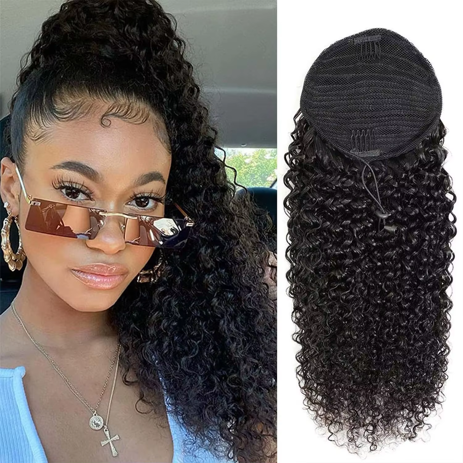 Extensions de cheveux humains bouclés crépus à clipser avec cordon de serrage