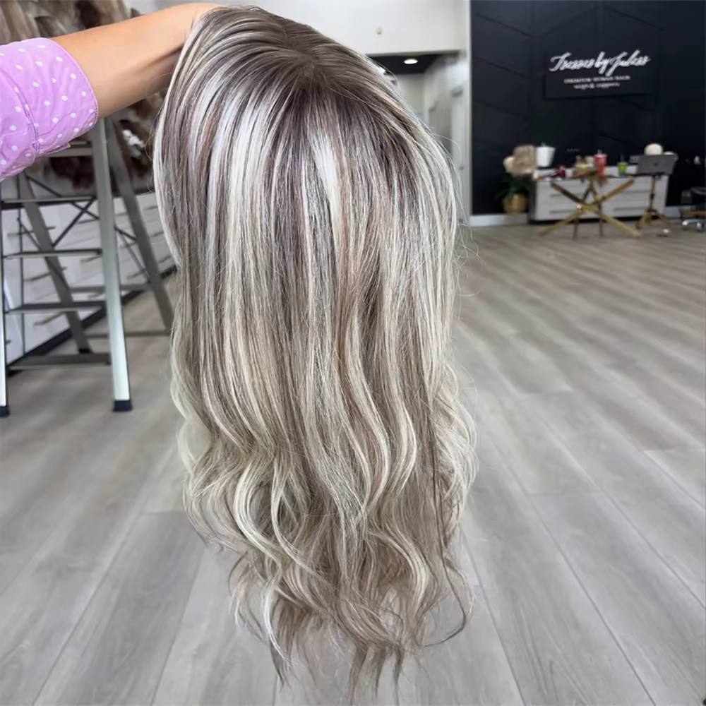 100 vrais cheveux humains blond cendré perruque racines foncées vague de corps mettre en évidence perruques