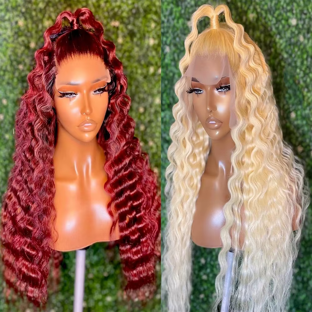 Perruque Lace Front Synthétique Bouclée pour Femme, Cheveux Longs, Blonde Rouge, Deep Curly, Soft Glueellers, Densité 180%, Preplucked, 03/Cosplay, 26"