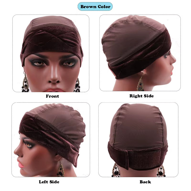 Bonnet de perruque en maille marron avec écharpe en velours