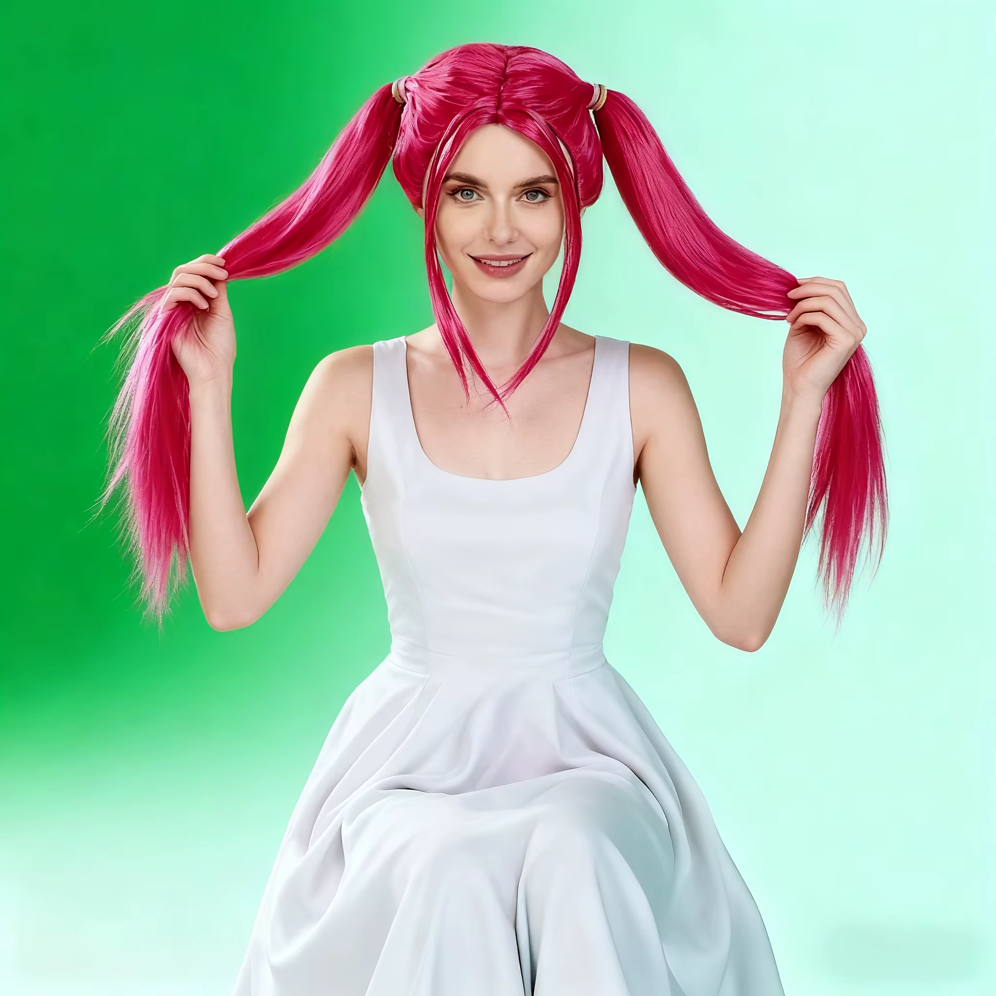 Perruque Anime longue rose avec motif double queue – Fibre synthétique résistante à la chaleur