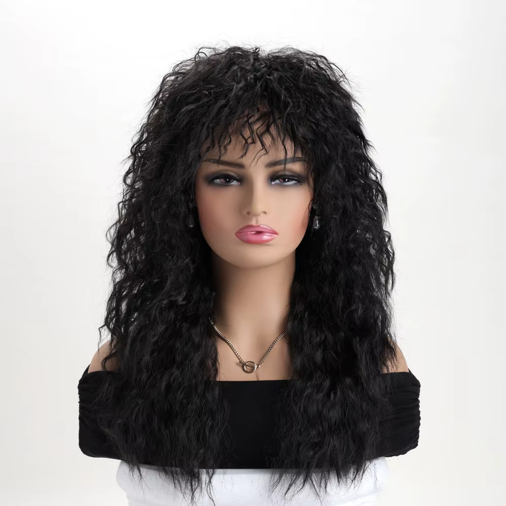 Perruque synthétique longue bouclée Style années 70 et 80 pour femmes