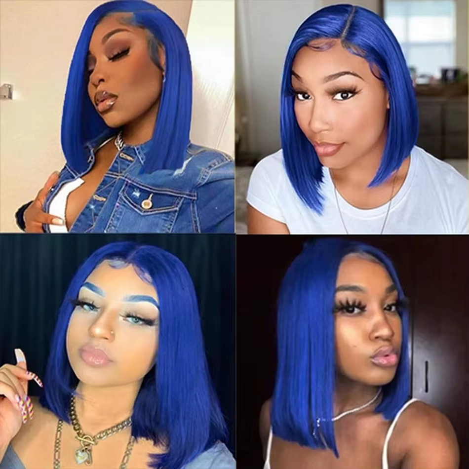 Perruque Bob Lace Front Wig naturelle, cheveux courts, bleu marine, 13x4, naissance des cheveux naturelle, pre-plucked, avec baby hair