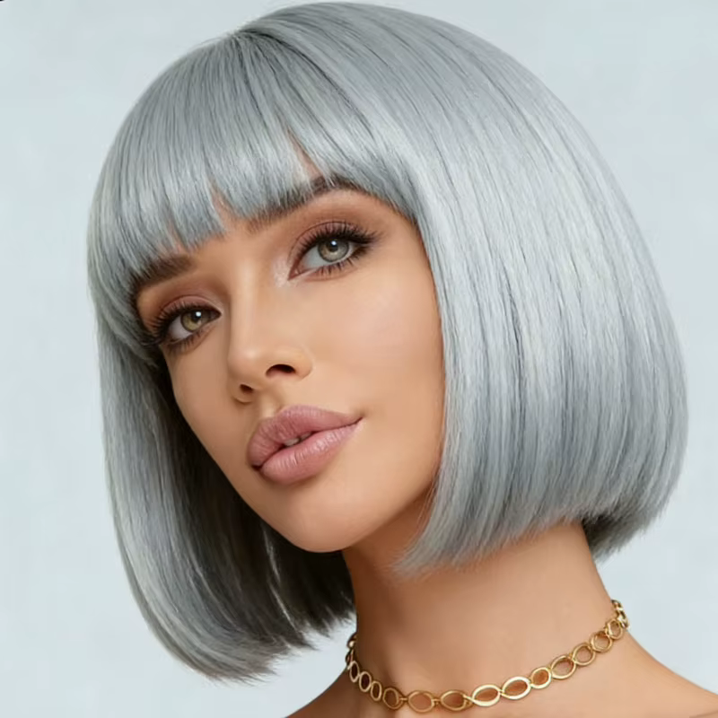 Perruque synthétique femme gris argenté 12 pouces style élégant