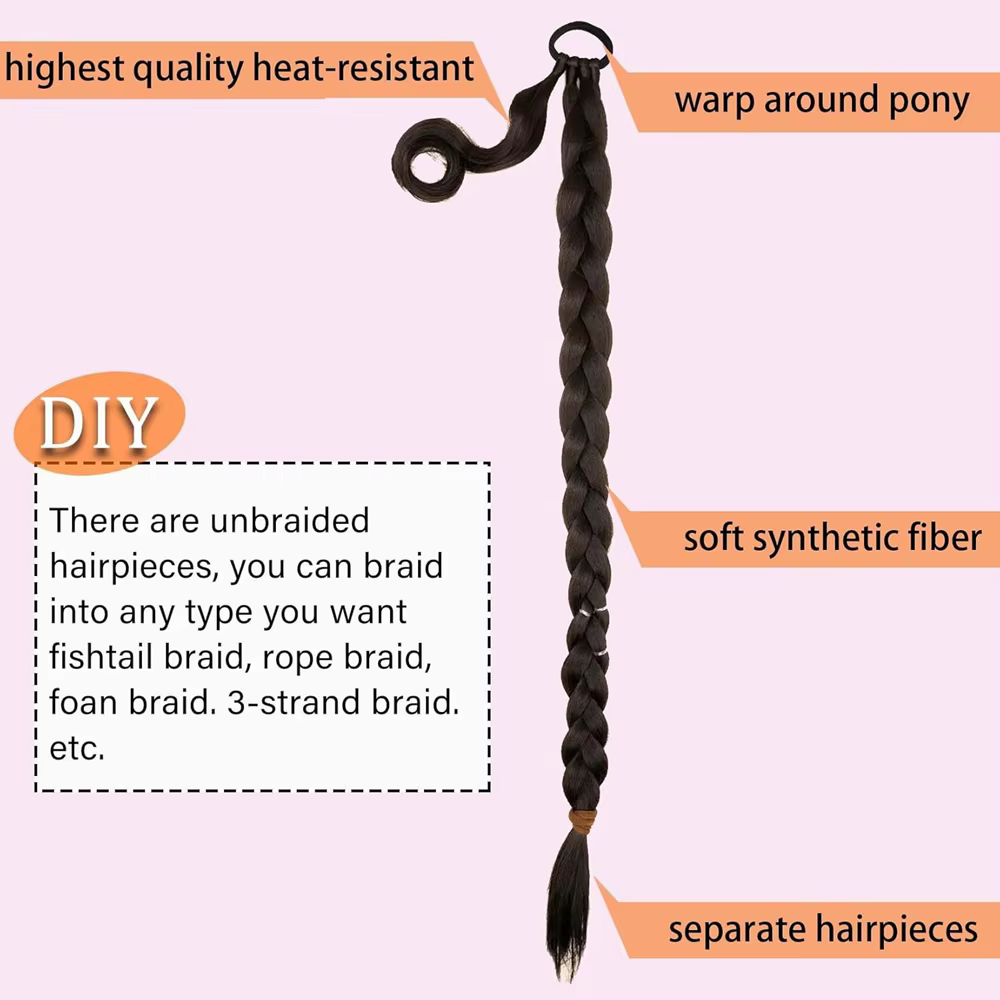 30 pouces synthétique longue tressée queue de cheval cheveux bricolage droite enrouler autour
