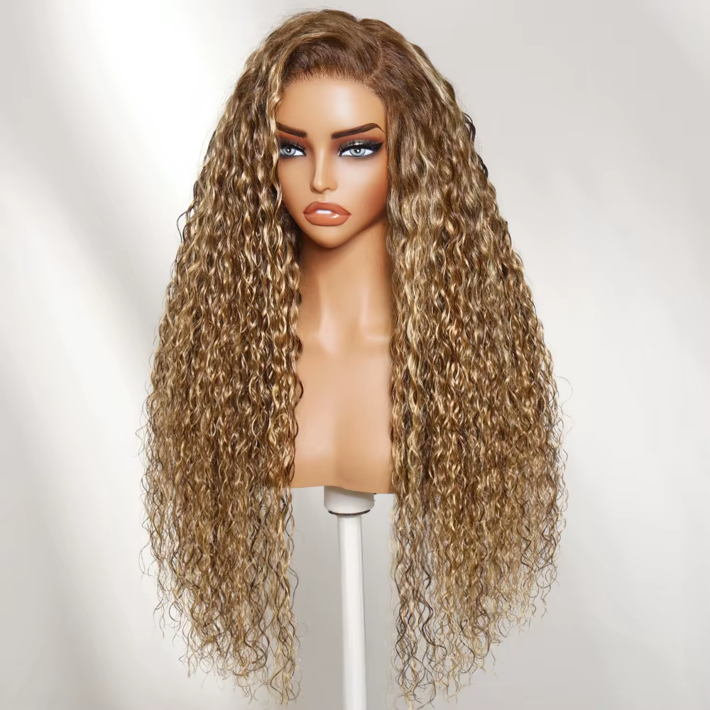 UNice Bye-Bye Slip ™   Perruque 13x4 Lace Frontal Couleur Bronde avec Mèches Blond Miel Ondulées Effet Mouillé 100% Cheveux Humains Sans Colle