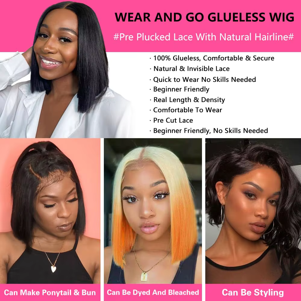 Wear And Go perruques sans colle cheveux humains Bob droite pré-coupée dentelle avant