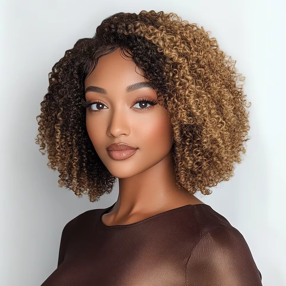 Perruque Bob Cheveux Humains Bouclés Crépus Ombré Brun 13x5x1 T Lace Frontal Densité 180% 10 Pouces Pré-Pluckée Sans Colle Noir Naturel pour Femmes
